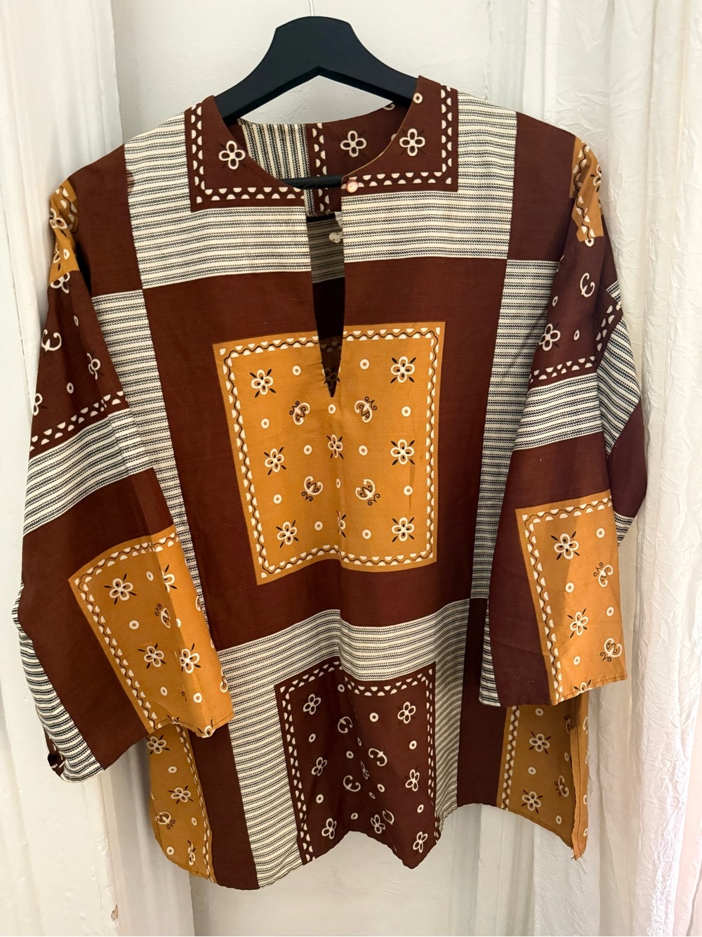 Vintage 70s Cotton Patchwork Bandana Print Tunic Bell Sleeve Blouse Brown Yellow
